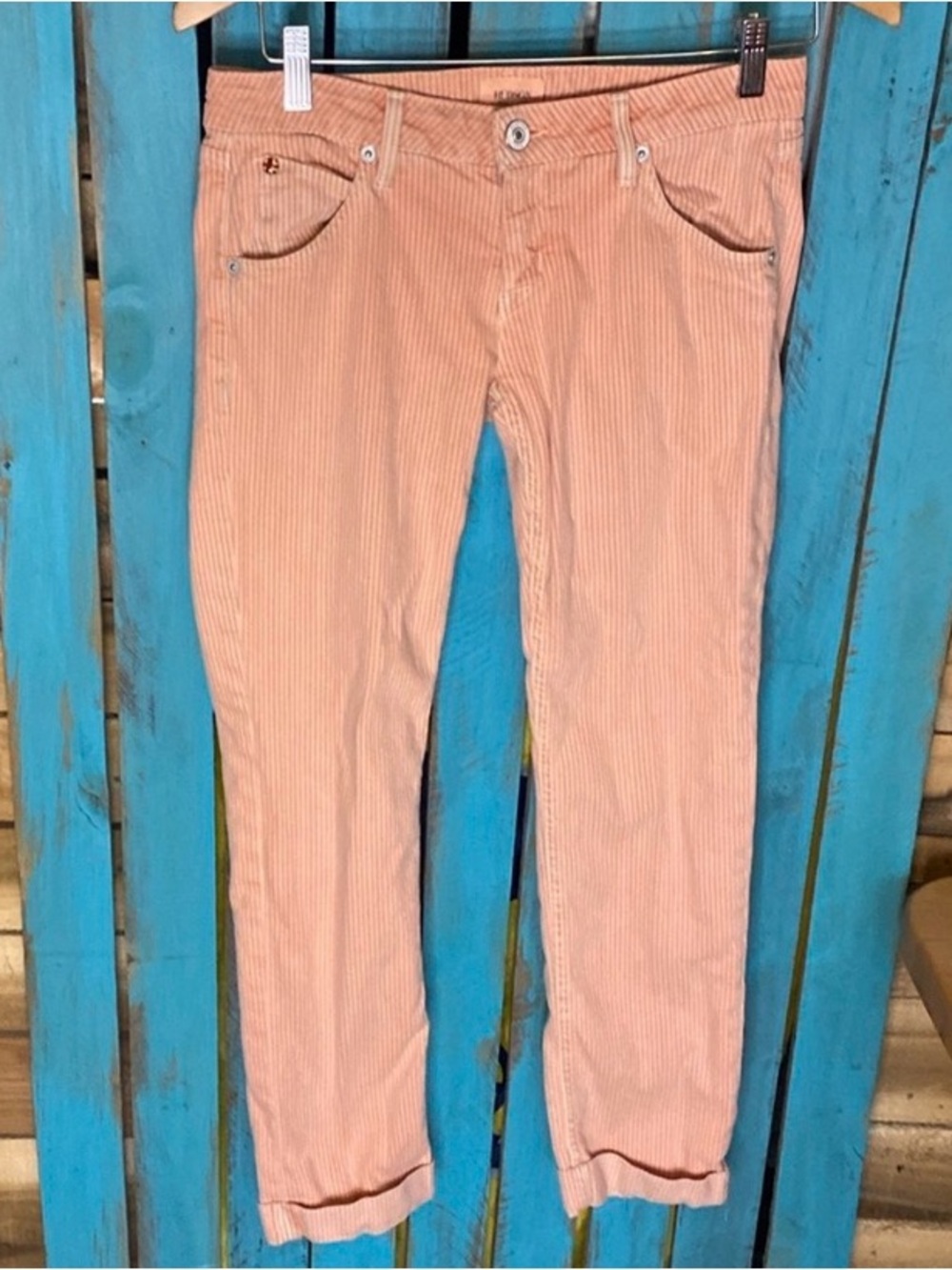 Hudson Bacara crop straight cuffed jeans pink with gray pinstripes made in USA